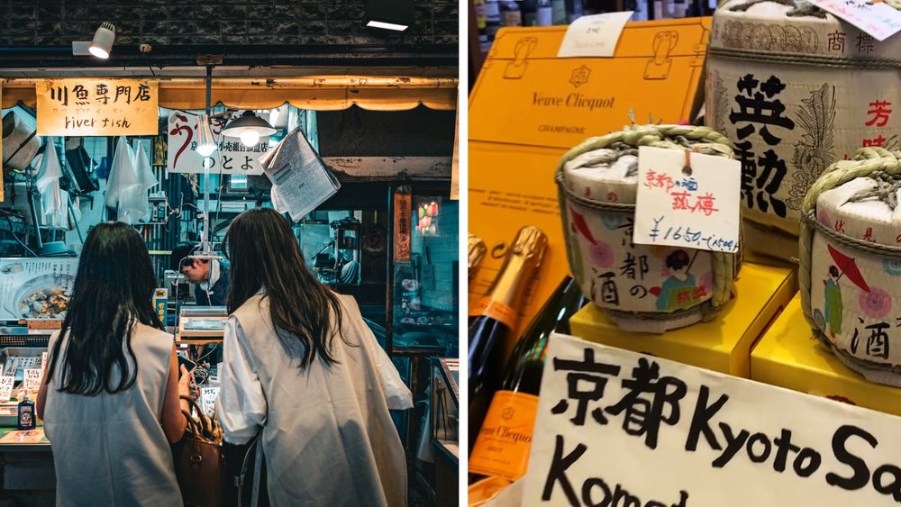 Two women in front of the store and a bottle of sake