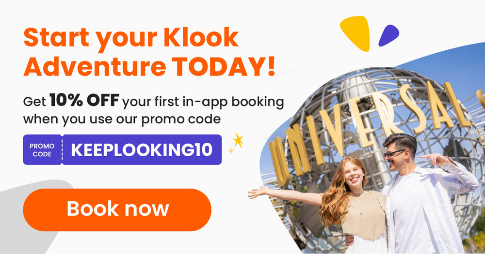 image stating users can get 10% off when they use KEEPLOOKING10 code on their first klook booking