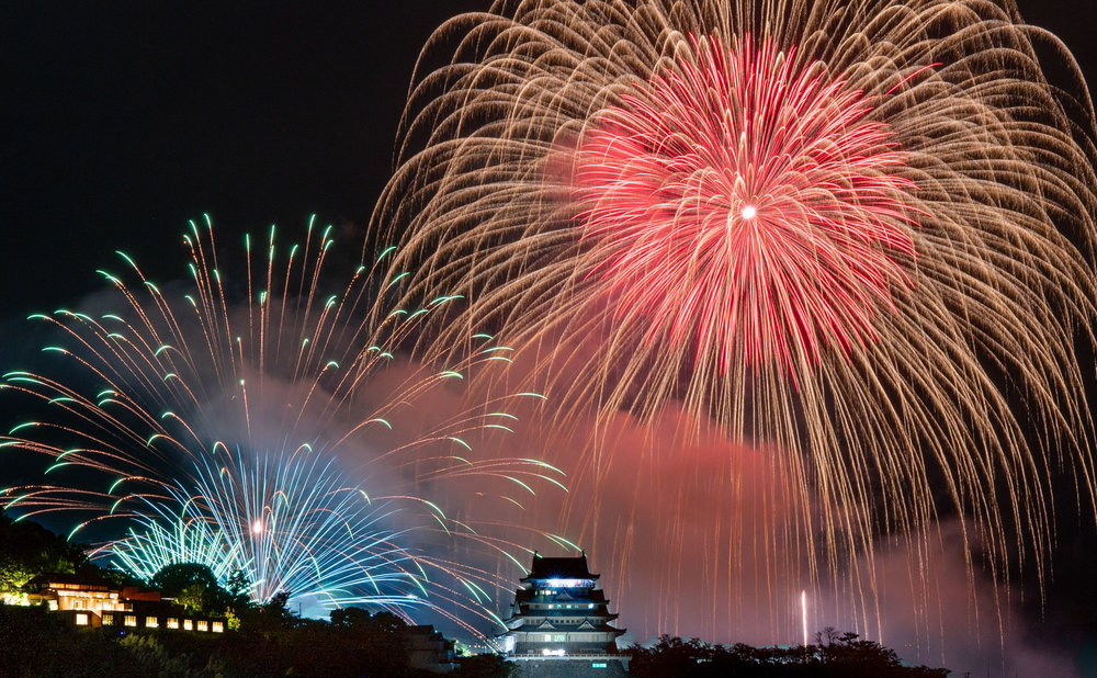 Atami fireworks festival with Atami castle behind