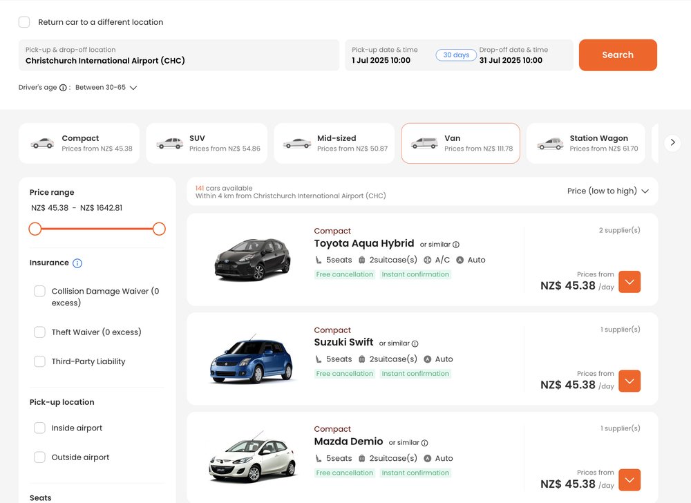 New Zealand car rental screenshot