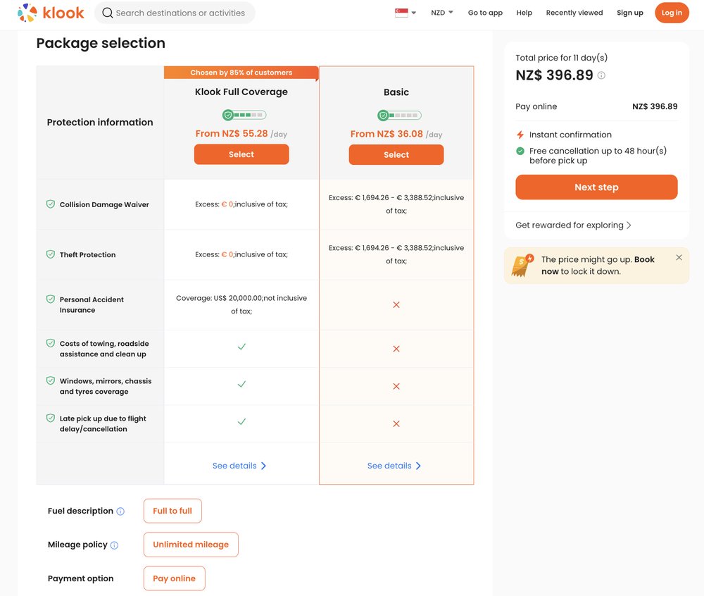Screenshot of car rental page