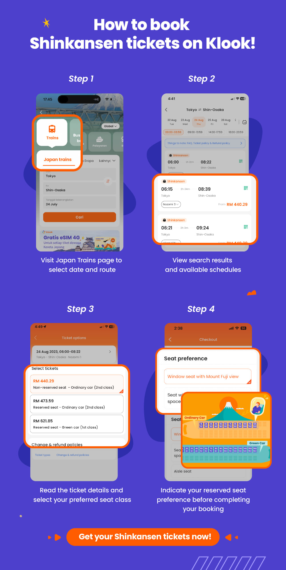 guide on booking shinkansen tickets on the klook app