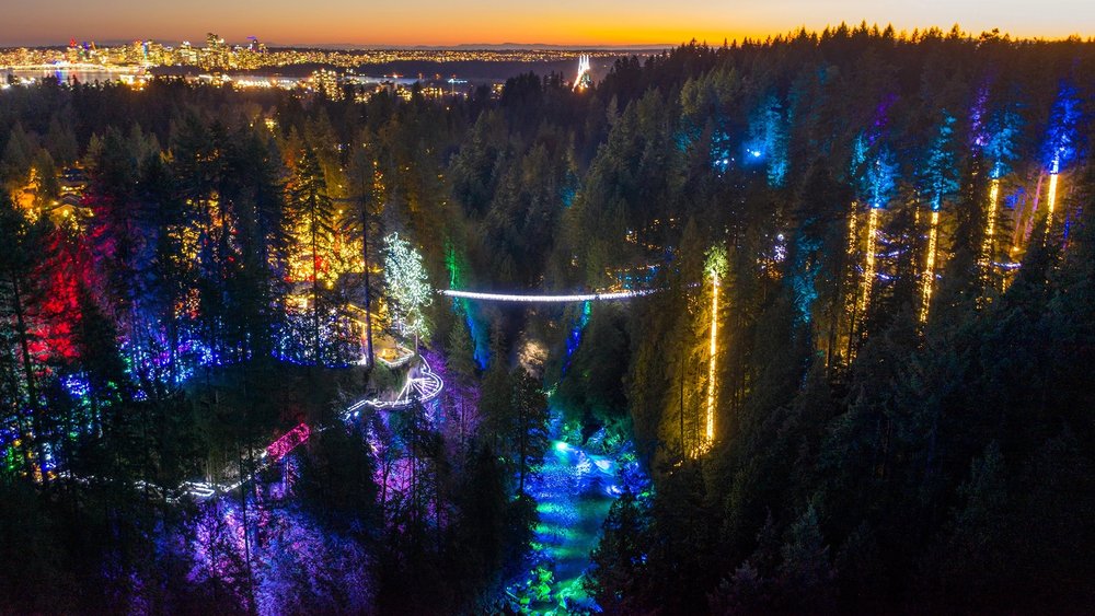 Canyon lights lit up at Capilano Suspension Bridge Park Vancouver