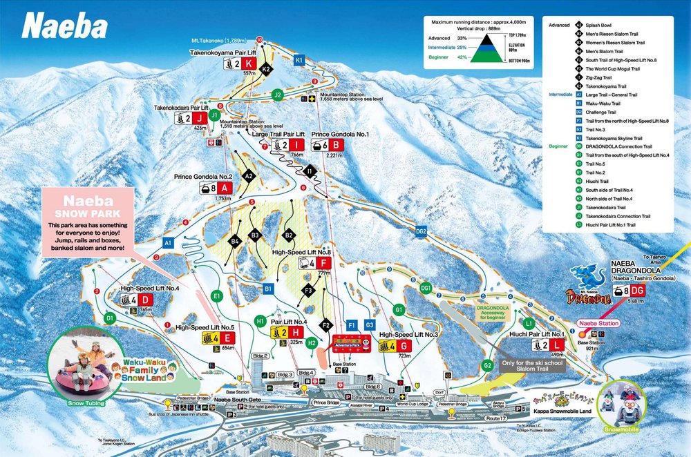 A trail map for Naeba Ski Resort in Niigata Prefecture, Japan
