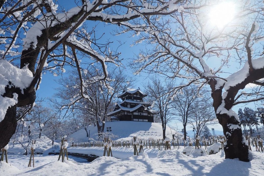 Takada Castle in Joetsu, Niigata, Japan, during the winter