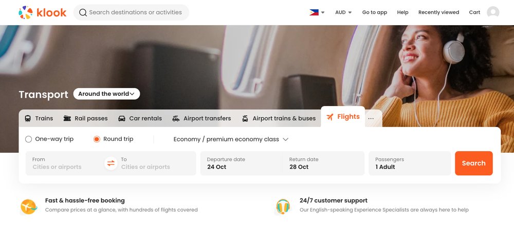 Klook flights page