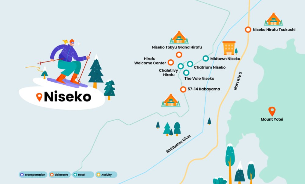 niseko ski resort - map showing nearby ski resorts, hotels, and activities in niseko