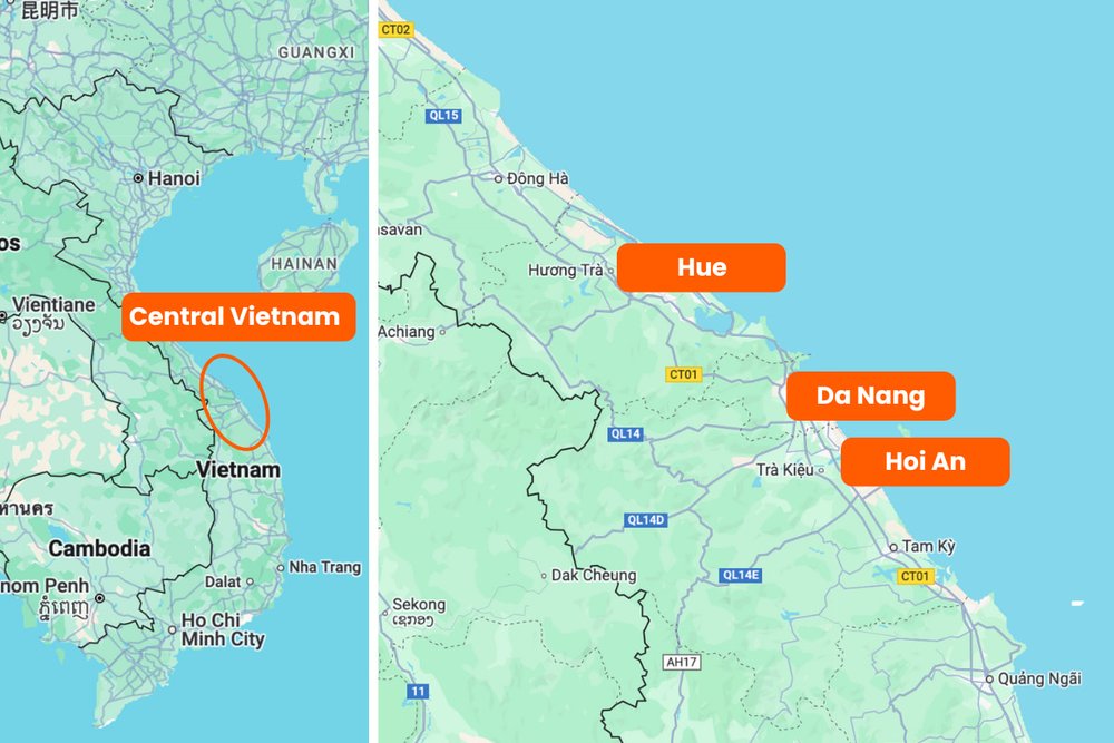 Central Vietnam Itinerary Map of Hue, Da Nang and Hoi An