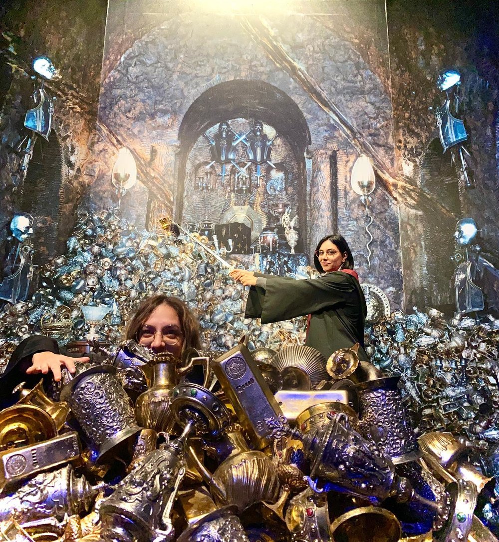 Tourist taking photo using props