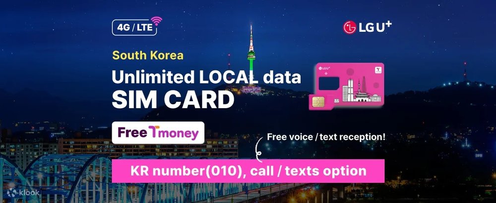 SIM 4G Hàn Quốc Không Giới Hạn Dữ Liệu + Thẻ T Money (LG U+)