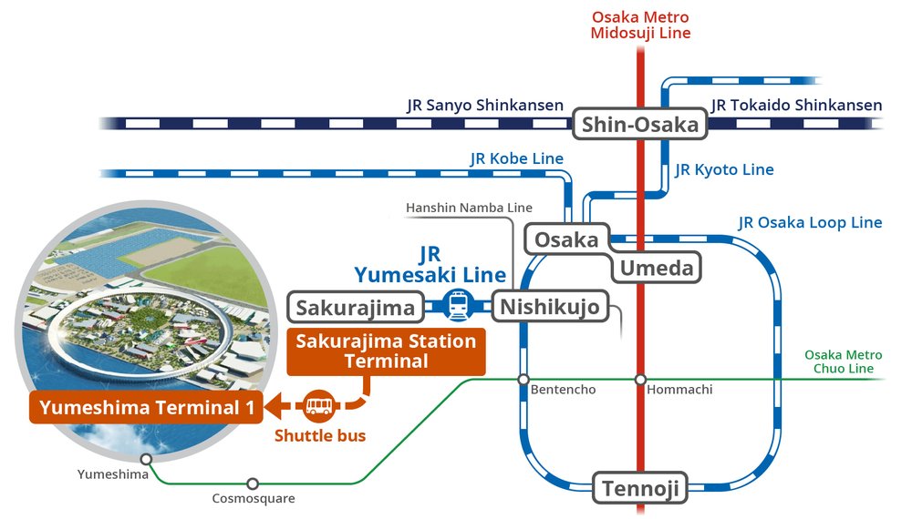 旅客可從JR櫻島站搭乘巴士前往大阪萬國博覽會
