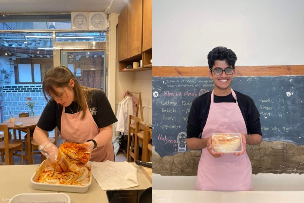 how to make kimchi - collage of two photos showing people learning how to make kimchi