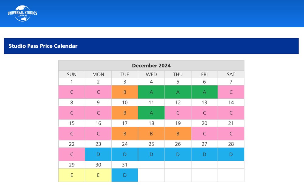 Universal Studios Japan - Studio Pass Price Calendar 2024
