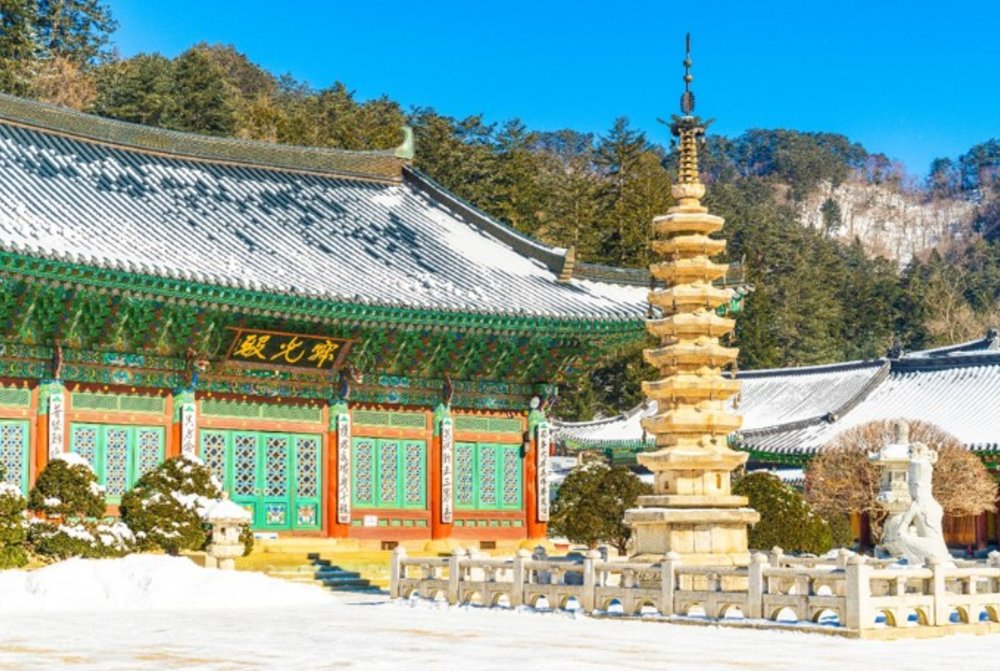 Buddhist temple and pagoda in front of mountain scenery