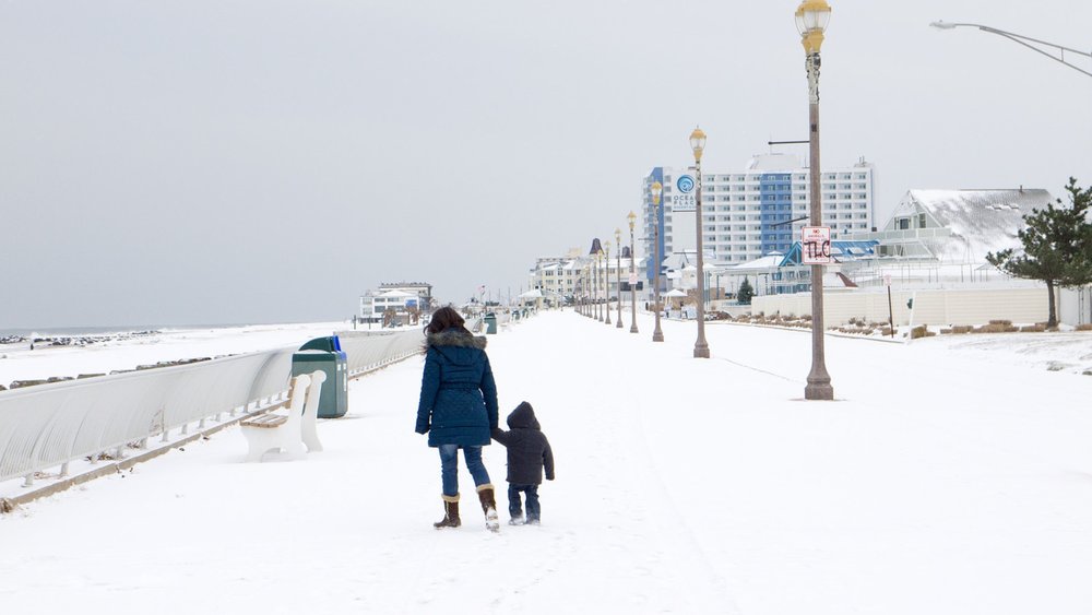 New Jersey Shore's snowy beachside.