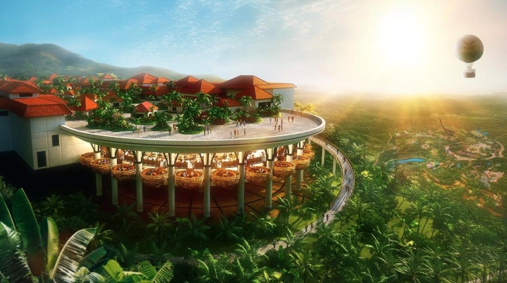 junglia okinawa theme park - artists' rendition of junglia theme park restaurant overlooking the forest