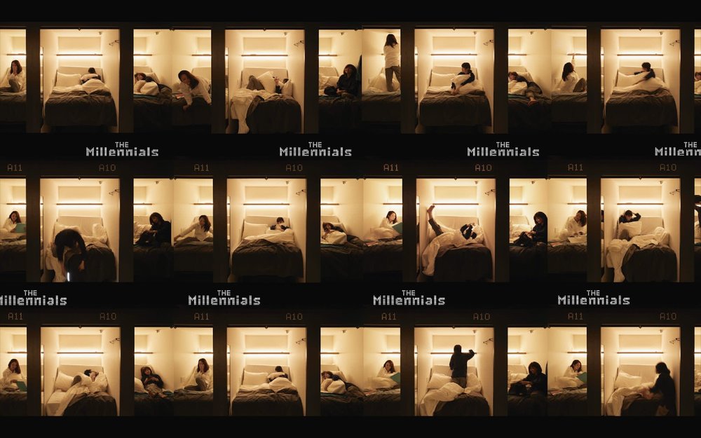 capsule hotel full of people