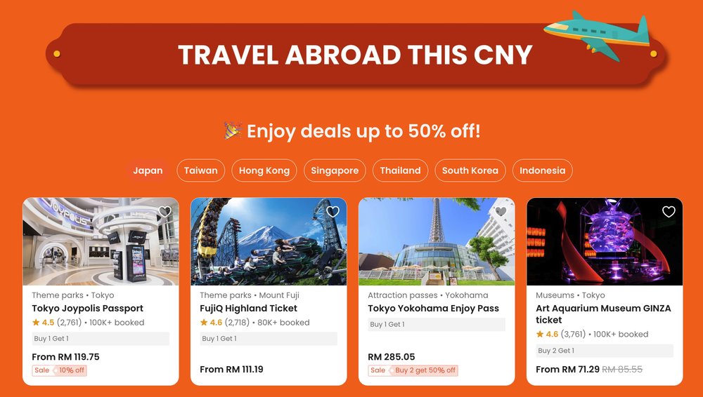 Klook Chinese New Year 2025 50% off overseas travel
