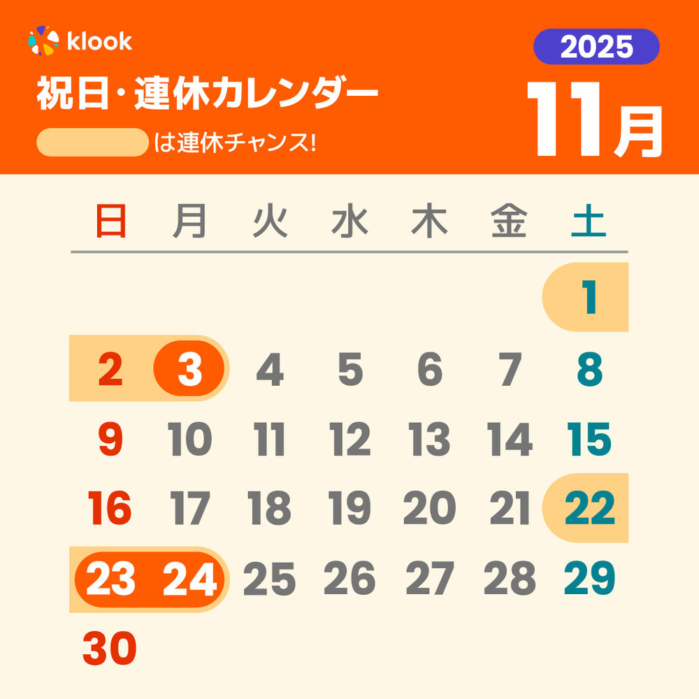 2025年 祝日・連休カレンダーがいつかわかる11月のカレンダー