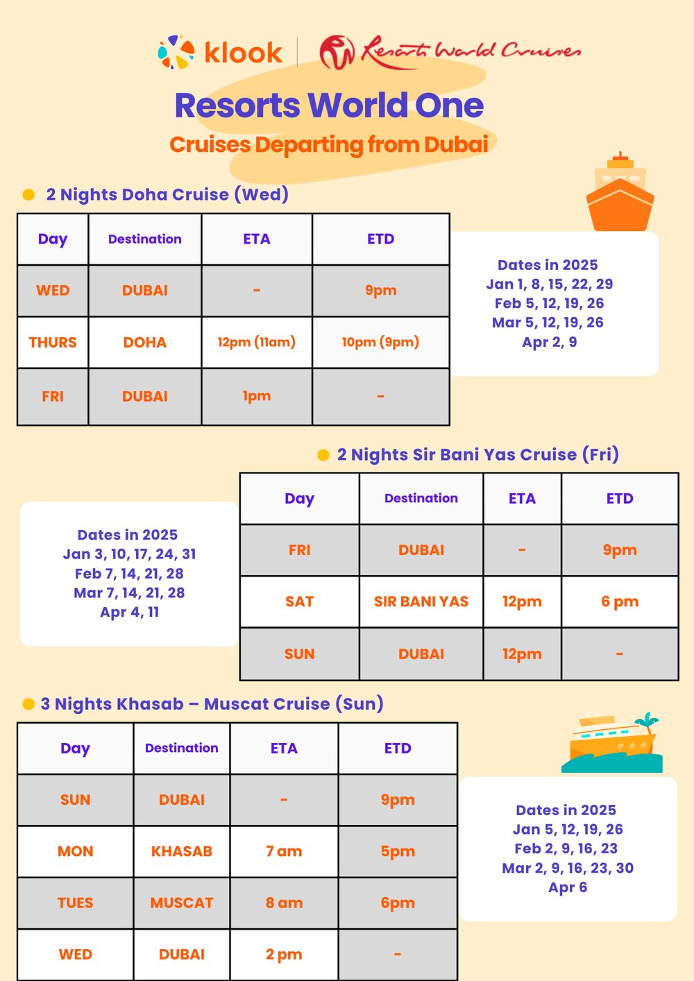 Check out the dates of Resorts World One cruises departing from Dubai