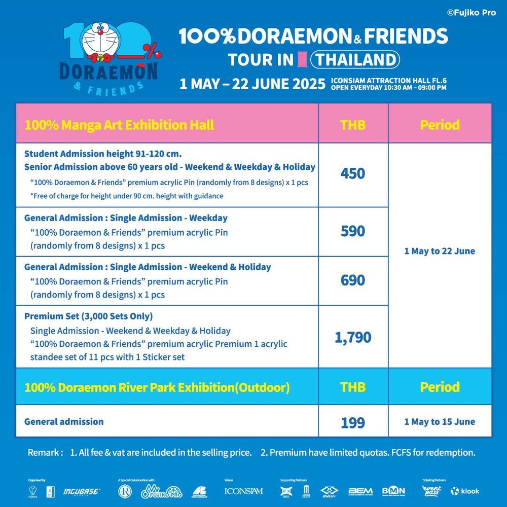 ราคาบัตรเข้าชมนิทรรศการโดราเอม่อน 100% DORAEMON & FRIENDS TOUR IN THAILAND
