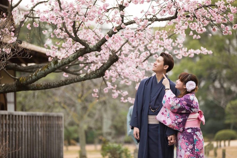 Top 7 Kimono Rentals in Kyoto - Couple wearing kimonos under cherry blossom tree