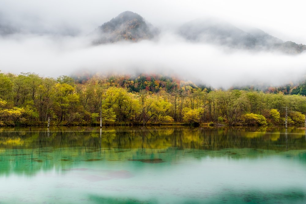 บ่อไทโชในคามิโคจิยามเช้า มีหมอกบางลอยเหนือผิวน้ำ