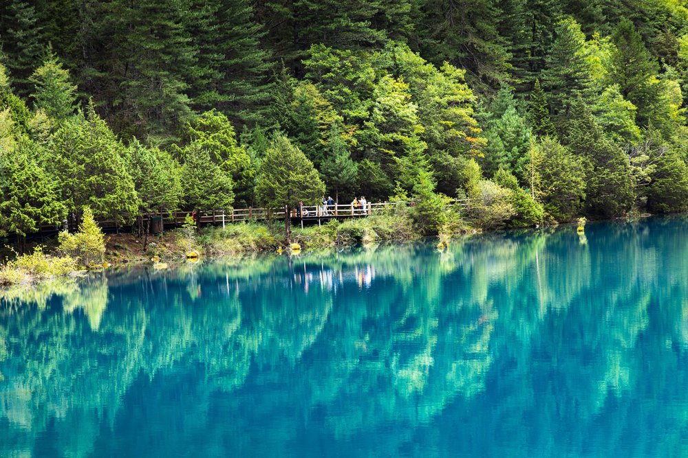 ทะเลสาบสีฟ้าใสในอุทยานจิ่วจ้ายโกว (Jiuzhaigou)