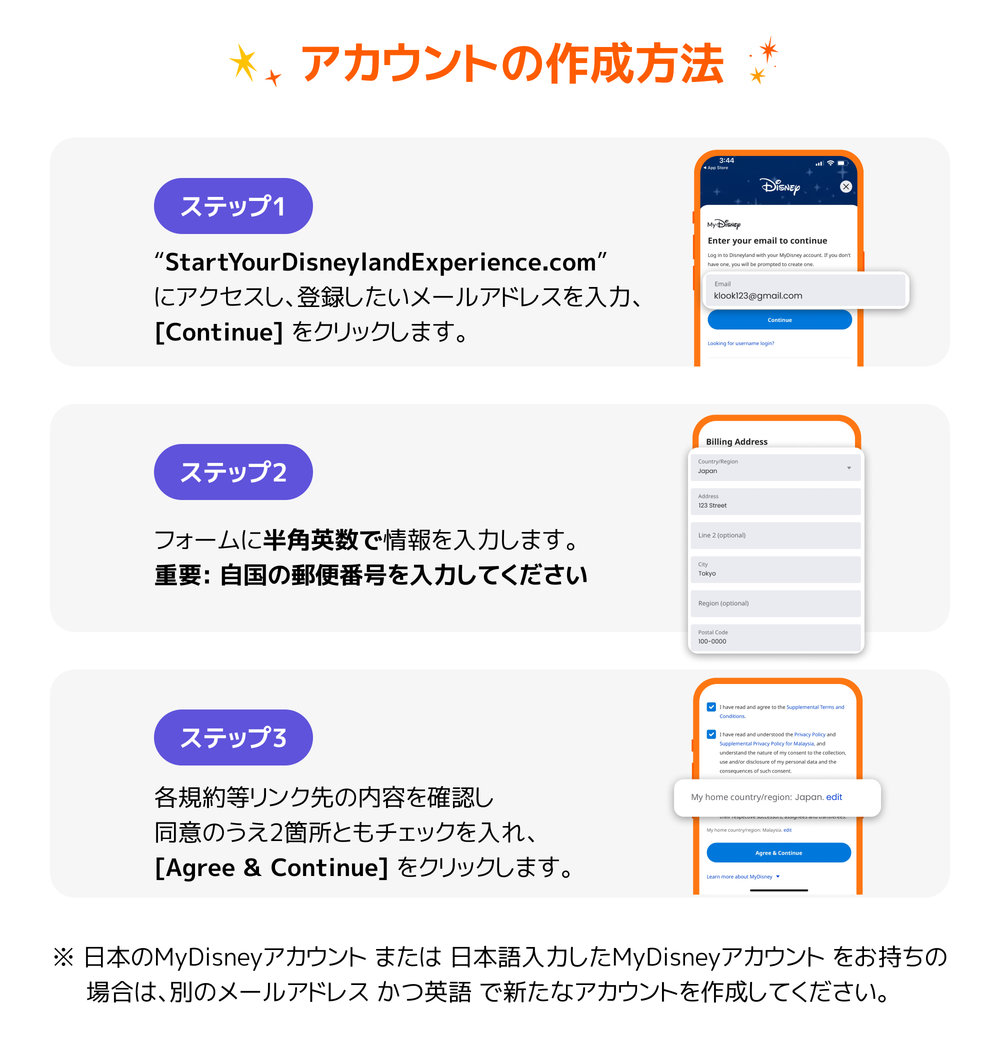 カリフォルニアディズニー チケット購入方法 アカウントの作成方法