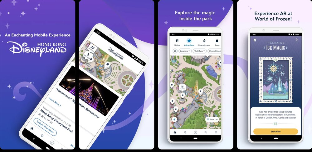 หน้าแอป Hong Kong Disneyland แสดงแผนที่สวนสนุก ตารางโชว์ และฟีเจอร์ AR ในโซน World of Frozen