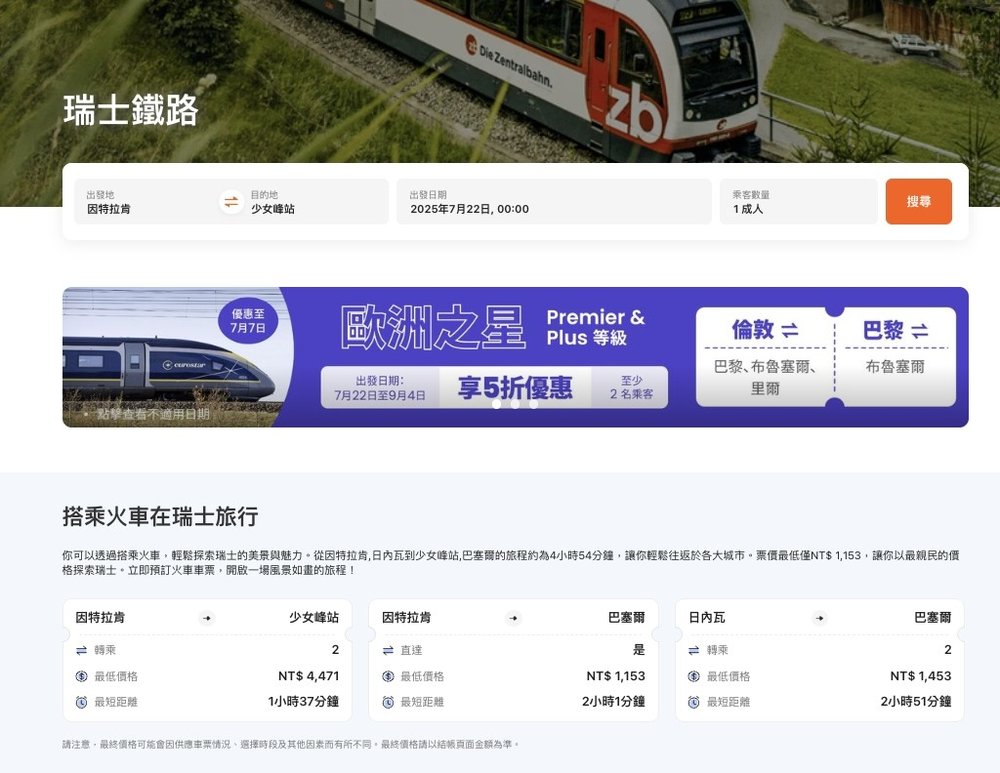 瑞士點到點火車票