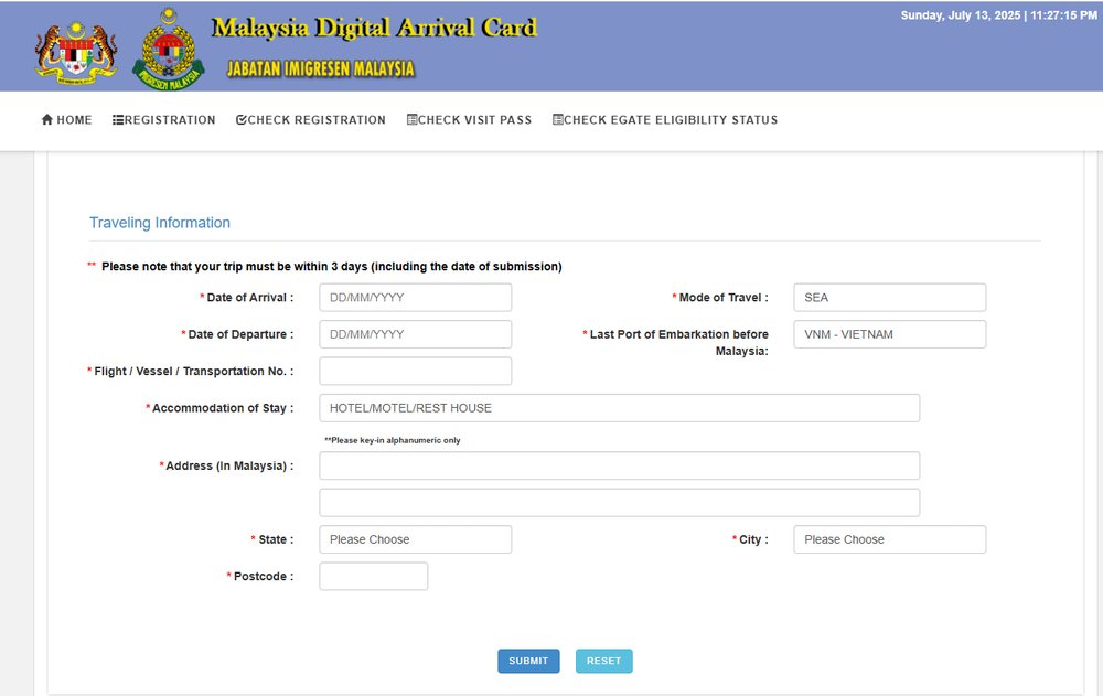  Tờ Khai Nhập Cảnh Kỹ Thuật Số Malaysia (MDAC - Malaysia Digital Arrival Card)