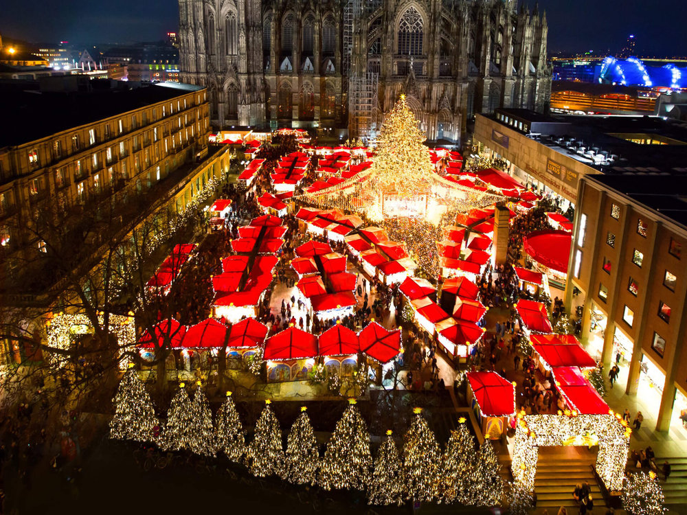 aerial view of cologne christmas market in cologne cathedral