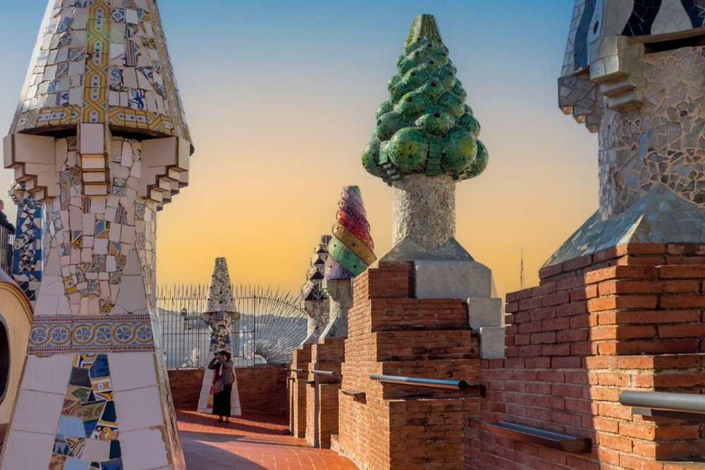 Whimsical chimneys in Palau Guell by Antoni Gaudi in Barcelona, Spain