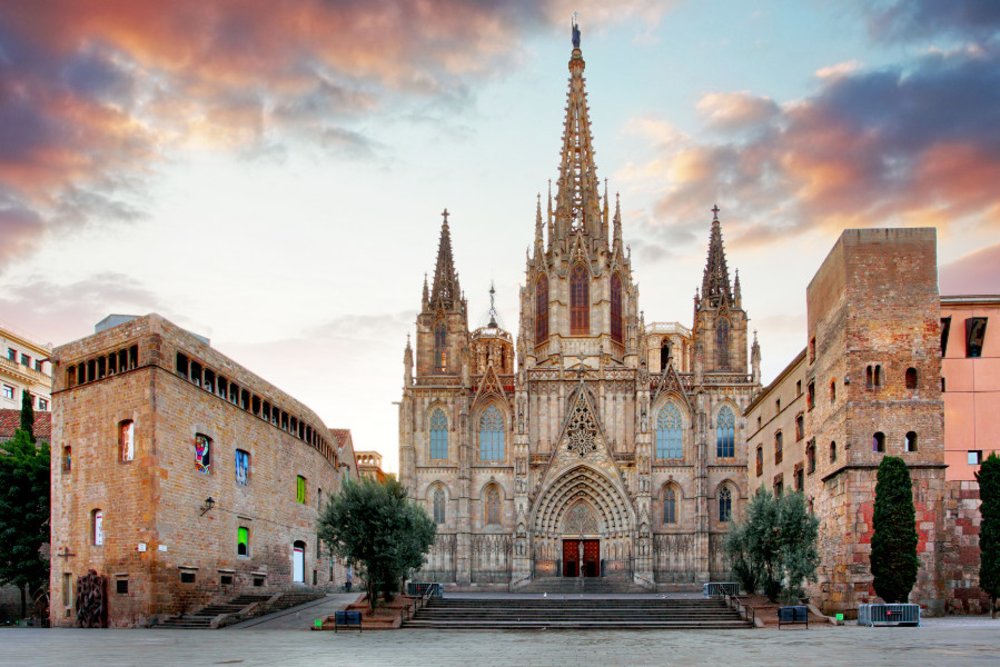 The Barcelona Cathedral in the Gothic Quarter in Barcelona