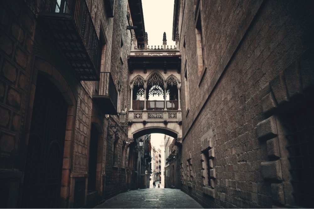 View of Pont del Bisbe or Bishop’s Bridge in the Gothic Quarter in Barcelona