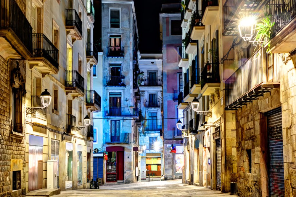 Buildings in the Gothic Quarter in Barcelona at night
