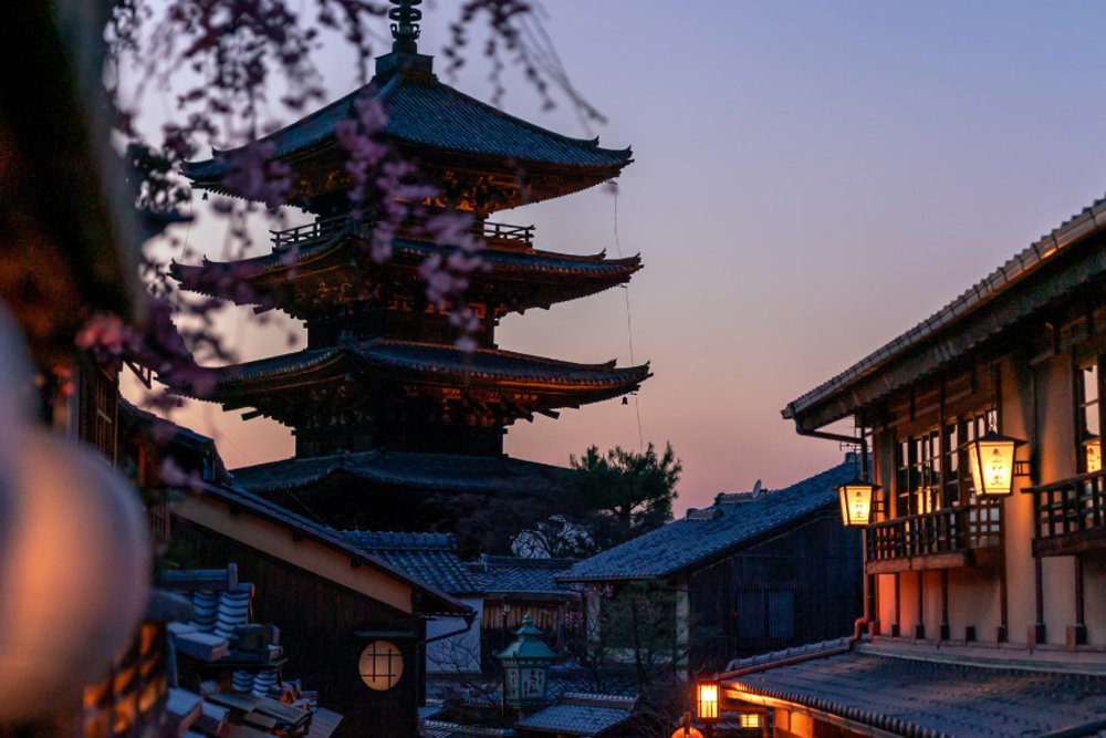Five-storey pagoda in Kyoto, Japan at twilight