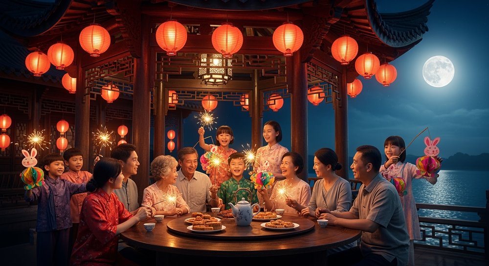 ครอบครัวชาวจีนร่วมชมพระจันทร์และรับประทานขนมไหว้พระจันทร์ในคืนเทศกาล