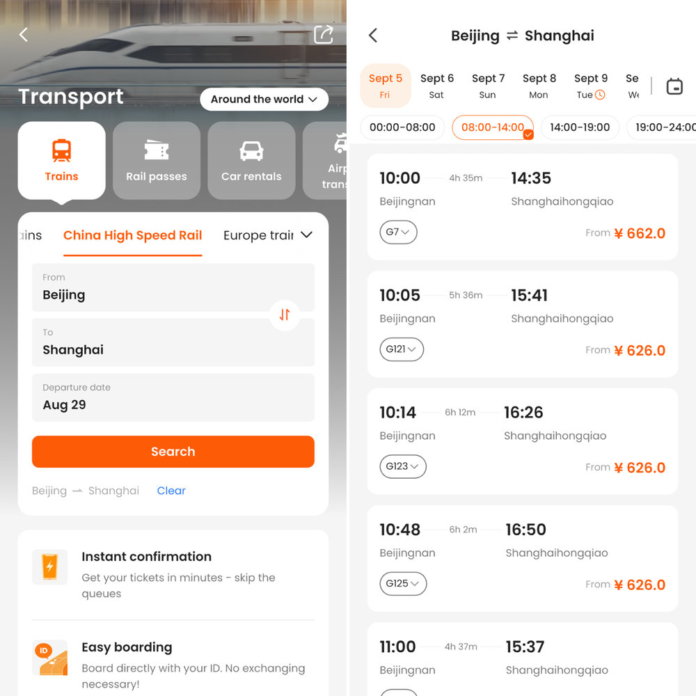 China High Speed Rail Route and Date on Klook App