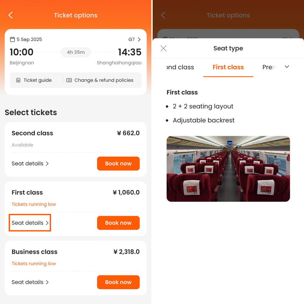 China High Speed Rail Seat Type on Klook