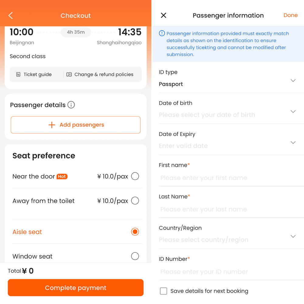 China High Speed Rail Seat Preference and Personal Details on KLook