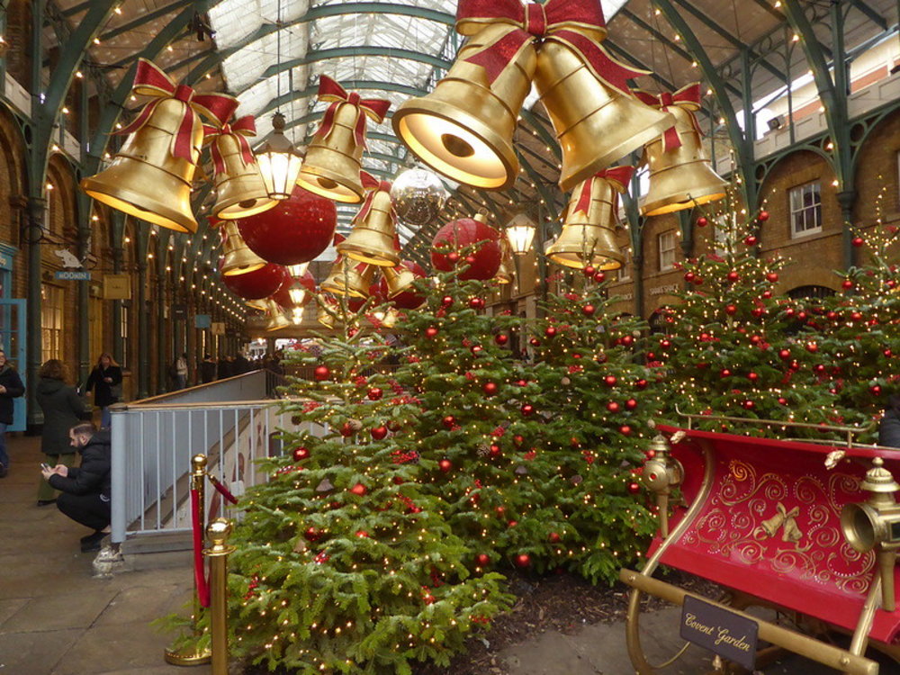 Festive Christmas trees and giant golden bells at Covent Garden, London