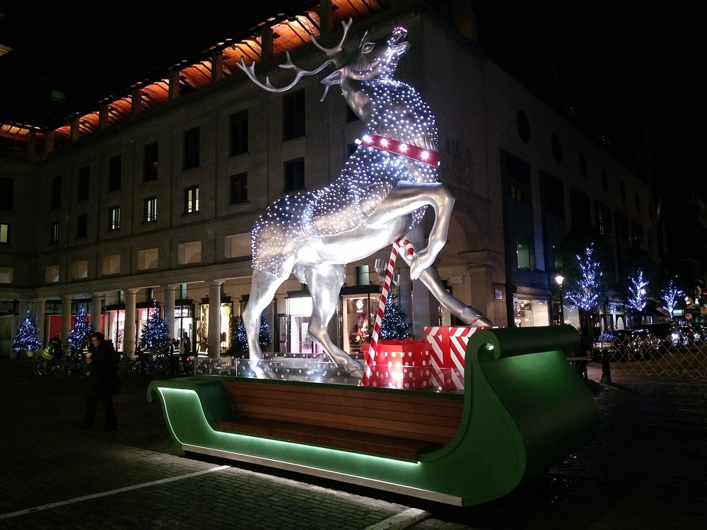 Giant reindeer Christmas display at Covent Garden Piazza in London