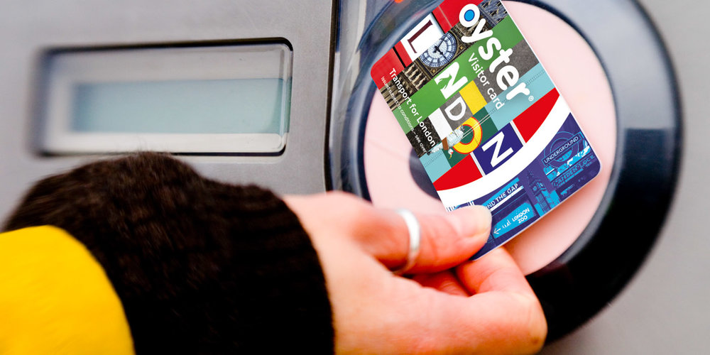 A person tapping the London Visitor Oyster Card