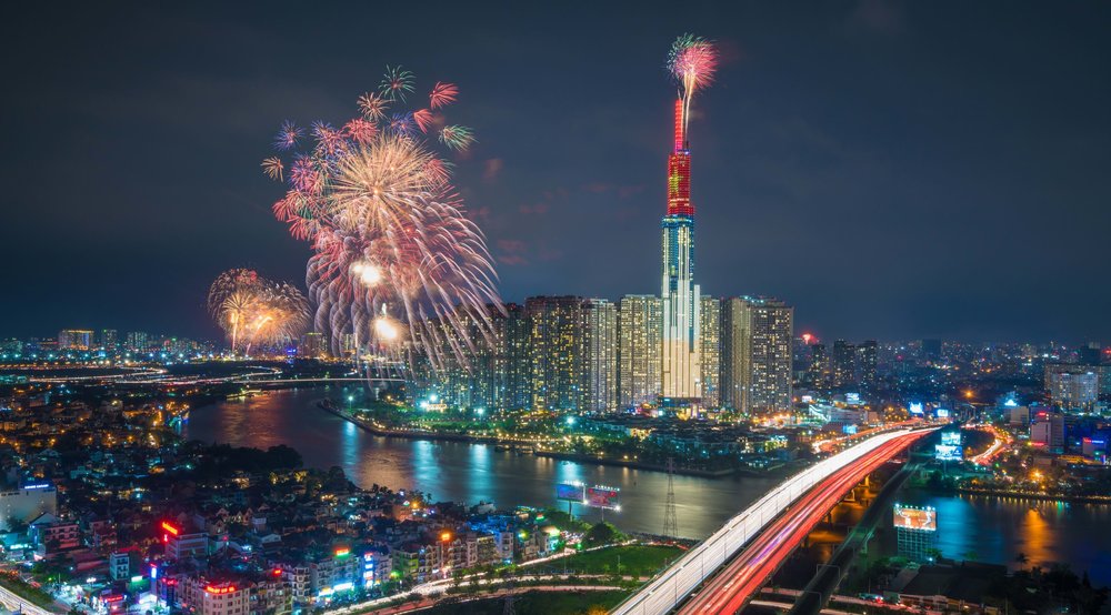 Fireworks over the modern Ho Chi Minh city