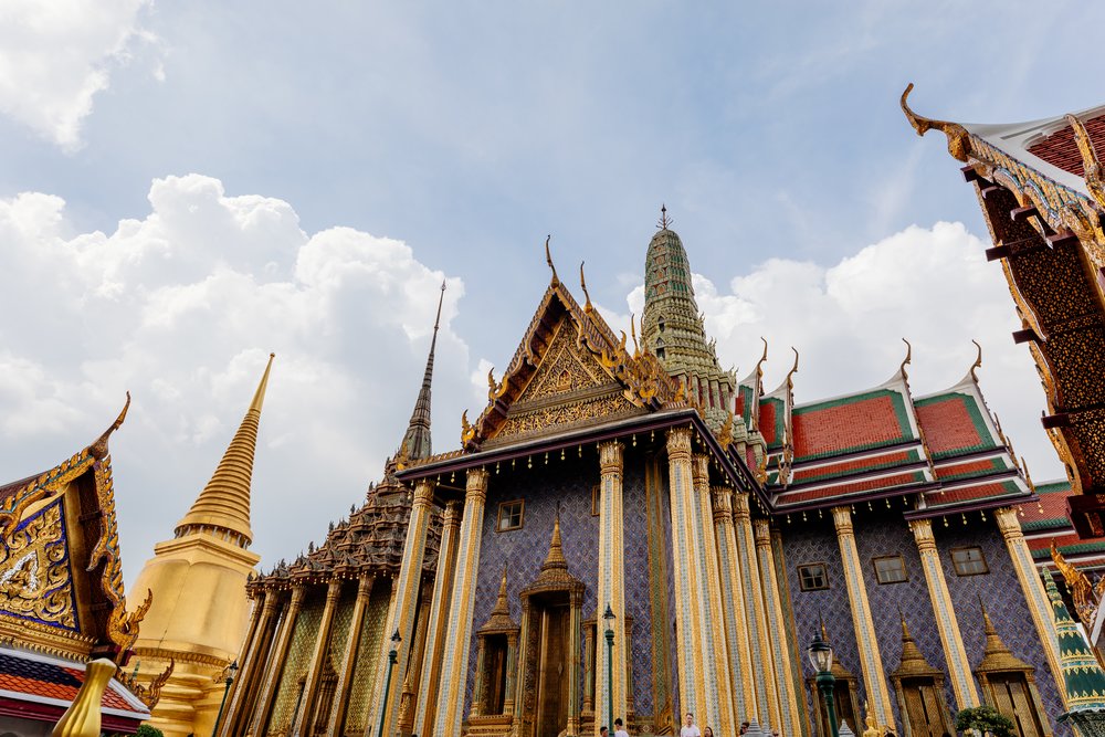 Golden spires and temple buildings at Wat Phra Kaew in the Grand Palace, Bangkok