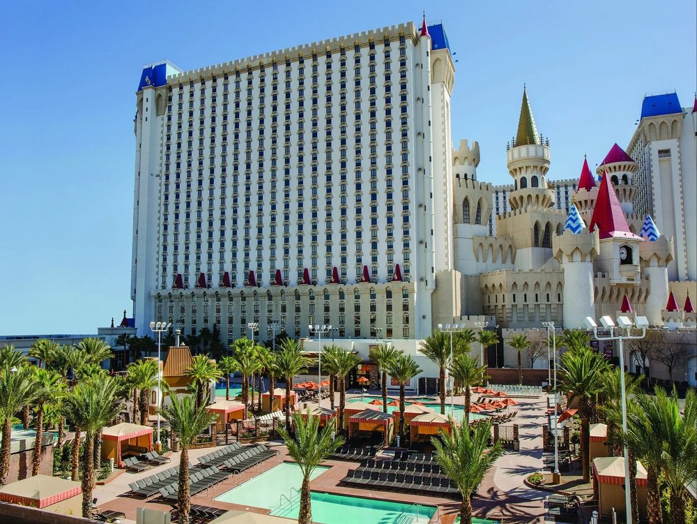 Exterior of Excalibur Las Vegas with castle towers and outdoor pool