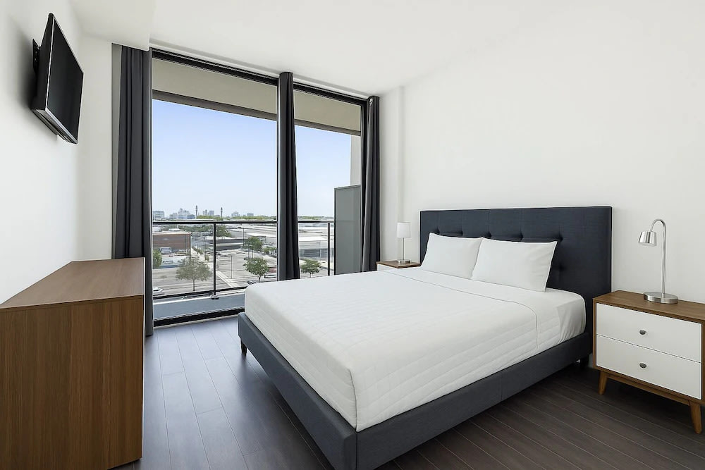 A clean and simple room with balcony access at the Nova Hotel Brooklyn
