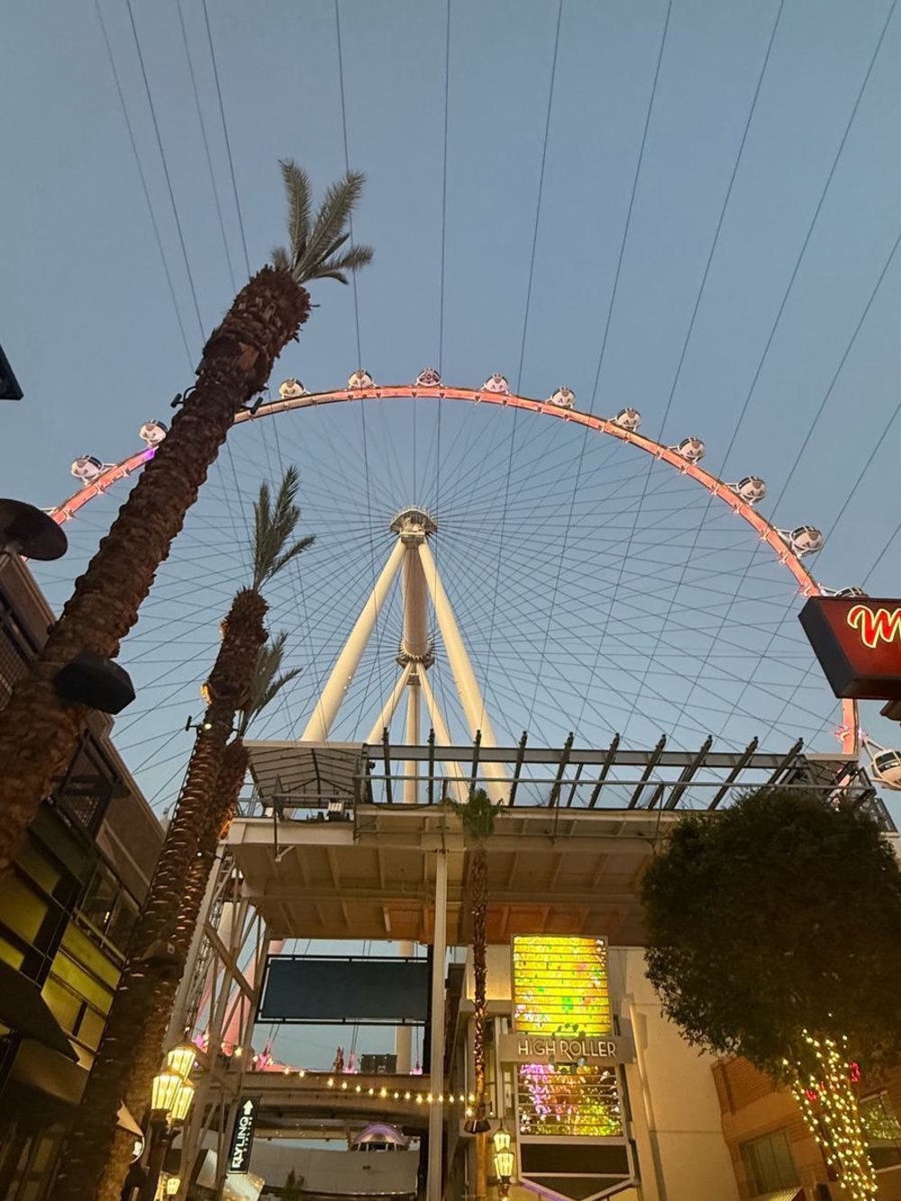 Upward view of the Las Vegas High Roller Ferris Wheel from the LINQ Promenade